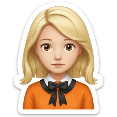 long blond hair not smiling woman with orange blouse bow collar sticker