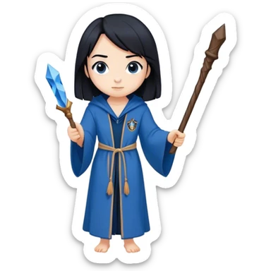 Girl with straight black hair and a ravenclaw Robe and a wooden wand sticker