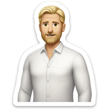 middle aged english man, short slicked back hair blonde, blonde medium length size full beard, eyesbrows not raised, in a smart white unbuttoned shirt. sticker