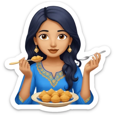 a pretty tan indian bratz girl. eyeliner on, wearing a blue kurti, eating golgappa. NO SPOON. wavy long BLACK coloured hair sticker