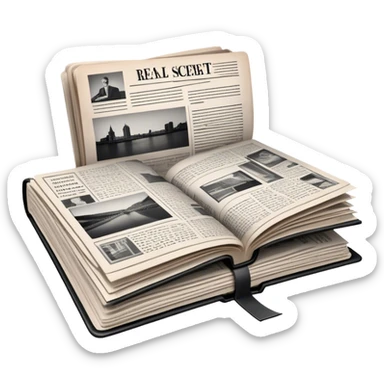 Icon for Non-Fiction & Narrative Reading: an open book with black-and-white photos on the pages, surrounded by a pile of newspaper clippings, and an open folder with top-secret documents. The icon should reflect the blend of real stories and facts in non-fiction literature. Transparent background. sticker