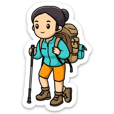 female hiker with backpack and hiking poles sticker
