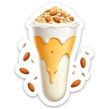 A large white leg bone clearly floating in the center, very prominent and glowing. Around it at a distance are separate calcium-rich foods: yogurt cup, pile of shredded cheese, almonds, and sesame seeds. sticker