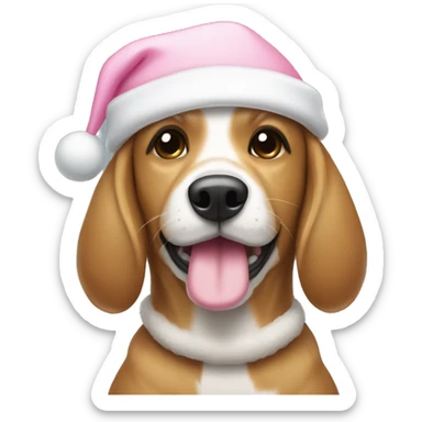 Dog with light pink Christmas hat and white bone in mouth sticker