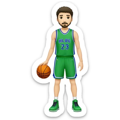 Full Body  white male basketball player with short dark shaggy hair and goatee wearing blue and green uniform sticker