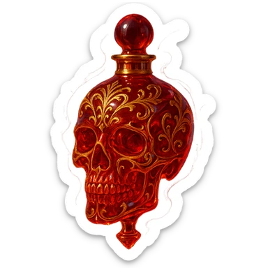premium class crystal elixir bottle skull-shaped, red color, very small barely visible golden collar, lots of glowing, edges, ornaments, golden details, magical effects, transparent background, beautiful connected bottom, bottle clearly floating in air, no base or shadow, very luxurious, matches a collection sticker