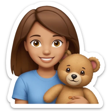 A Girl with Brown hair and Brown eyes with a t-shirt of a Teddy bear sticker
