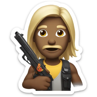 make a man with a face of determination while holding a toy childish gun aiming it at the screen and make him have long straight hair  sticker