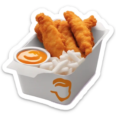 3 chicken tenders with crinkle fries and orange sauce on the side in a styrofoam container styrofoam container sticker