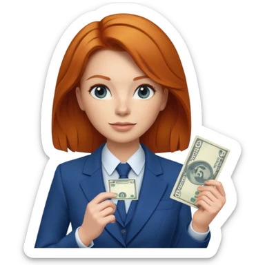 ginger hair Woman wearing blue suit holding dolar sticker