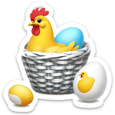 A basket of Easter eggs, next to it lies a cracked egg from which a chicken has hatched. sticker
