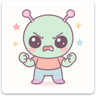 chibi-style cute alien, angry face, tiny fangs, clenched fists, pastel colors, cartoonish proportions sticker