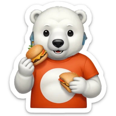 polar bear with burger wearing red orange tshirt sticker