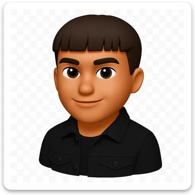 Make the character look straight at the viewer and be slightly more tanned, confident face, black denim jacket, keep 3d-emoji style sticker