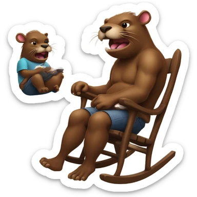 Giant beaver man in rocking chair petting his demon pet sticker