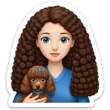 Kobieta w białej koszuli, z długimi brązowymi włosami i niebieskimi oczami trzyma na rękach jednokolorowego, brązowego pudla. sticker