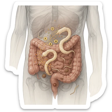 realistic transparent abdomen focusing on tapeworms absorbing nutrients, visible food particles or nutrient icons moving toward tapeworms, other parasites present, medical style sticker