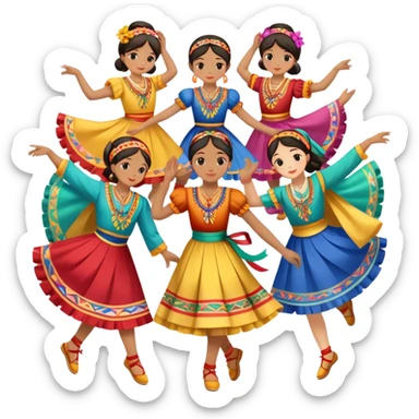 Icon for Folk Dance: close-up traditional dance dress, shoes, colorful folk costumes and a dance circle with ribbons. The icon should represent the vibrant and cultural aspects of folk dancing. Transparent background. sticker