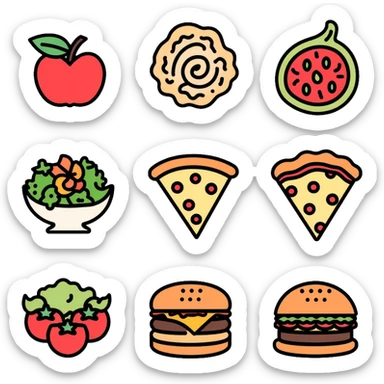 food icon set with pizza, burger, and salad sticker