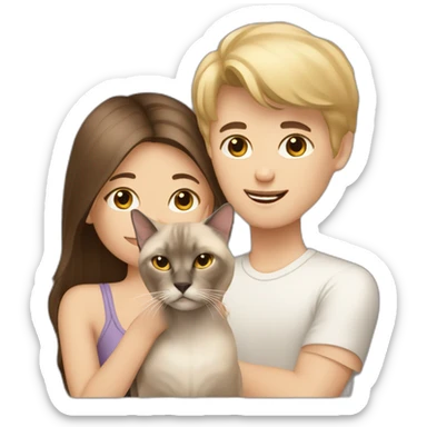 Brown haired girl with blond boy and Siamese cat sticker
