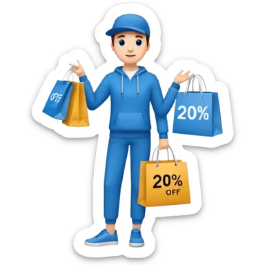 Person who is waiting the sale promotion with 20% off sign, wearing blue outfit and hanging some shopping bags sticker