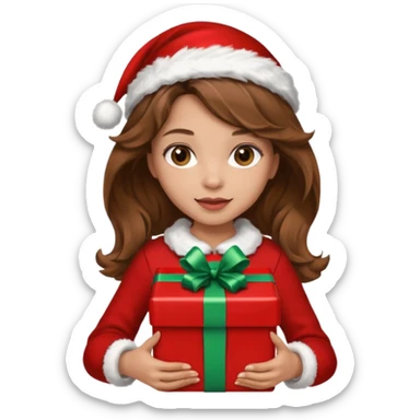 a girl with wavy brown hair wearing a christmas clothes and holding a gift sticker