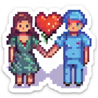 a couple holding hands with a heart above them pixel art love icon sticker