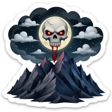 A dark and evil mountain range with a creepy moon and clouds over head. In the style of your bleeding skull art sticker