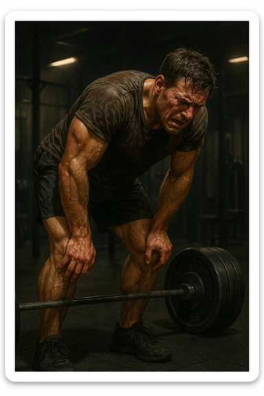 Uomo in palestra durante un allenamento, piegato su sé stesso con le mani sulle ginocchia, sudato, visibilmente esausto. Ha un'espressione di frustrazione e affaticamento estremo. Pesi pesanti accanto a lui, atmosfera intensa, luci soffuse. Il corpo mostra segni di sforzo eccessivo e accumulo di fatica. in italiano sticker