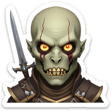 Cinematic Realistic WoW Undead Warrior Portrait, head tilted epicly and inquisitively, showcasing grim resilience and defiant strength. His withered, pallid skin and intense, glowing eyes contrast starkly with his worn, earth-toned clothes, rendered in meticulous detail. With dynamic, high-contrast lighting and high shine, this portrait exudes an epic aura, capturing the relentless will of a battle-hardened undead warrior. sticker