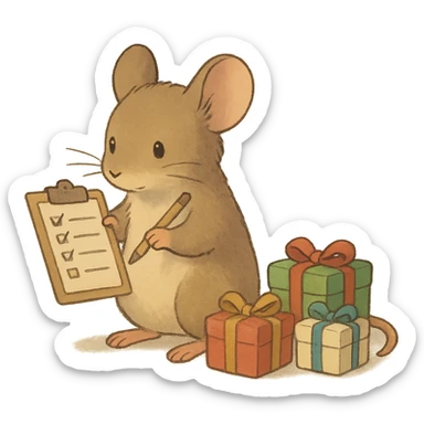 mouse with checklist and mini presents in soft Ghibli style sticker