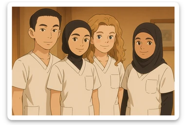 Four nursing students standing side by side in a warm indoor ambiance, wearing white short-sleeved uniform tops without collars or undershirts, forearms bare, no stethoscopes. The tops are medical tunics with V-necks and a chest pocket on the left side, in Ghibli style. sticker