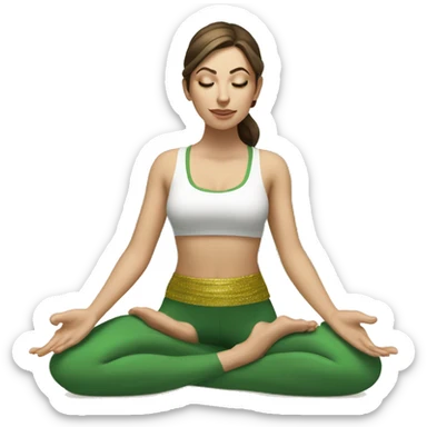 White girl brunette hair in Malasana yoga, green and gold outfit sticker