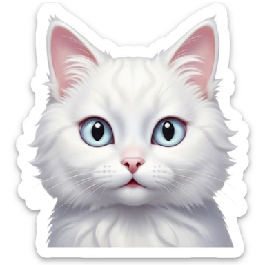 Cinematic Comical White Cat Portrait Emoji, Head tilted in an exaggerated, surprised manner with wide, sparkling eyes, showcasing a pristine white fur with subtle hints of silver and an animated, goofy expression, simplified yet whimsically detailed, glowing with a playful, bright radiance, high shine, exuding a lighthearted and comical charm, styled with a soft glowing outline, capturing the essence of a white cat that looks ready to prance comically off the screen! sticker