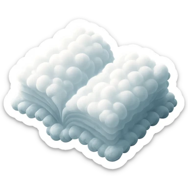 top view of a thick open book made entirely of small, very bright white fluffy convex clouds, matte glass style sticker