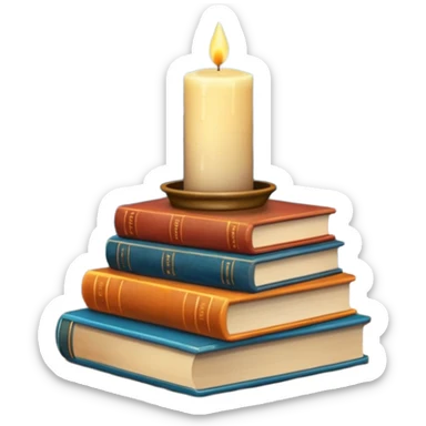 stack of books and a candle emoji by a window with rain and cool autumn scenery sticker