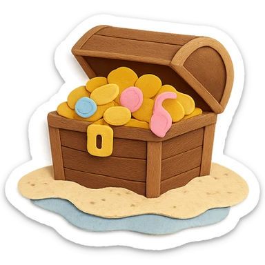 illustration of a treasure chest overflowing with gold coins and jewels on a sandy beach, paper-craft style sticker