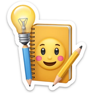 Emoji of a notebook with a pencil and a glowing lightbulb on the cover, iPhone emoji style. Flat design, smooth gradients, rounded edges, soft shadows, clean look, white background. sticker