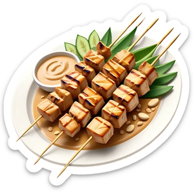 Cinematic Realistic Indonesian Chicken Satay Dish Emoji, depicted as succulent, marinated chicken skewers grilled to perfection with a subtle char, drizzled generously with a rich, creamy peanut sauce that glistens under warm, natural lighting. The vibrant textures of the tender meat and smooth, spicy sauce evoke the authentic flavors of Indonesian street food, rendered with lifelike detail and dynamic, appetizing lighting. sticker