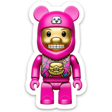 bearbrick toy figure wearing a bright pink balaclava with big pouty lips and gold grillz teeth visible, decorated with luxury brand logos and graffiti style patterns on its body sticker