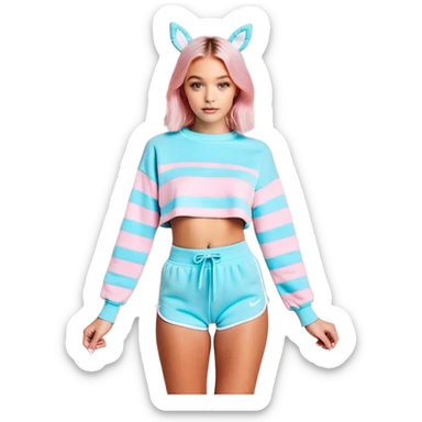 En anime-ku-jente med to rosa lange tykke fletter og cyan striper i håret, ku-horn og ku-ører, sort BH-topp over en gul cropped-fleece-blouse, lilla øyne, søt sløyfe på halsen  sticker