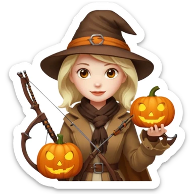 female human monster hunter emoji, wearing brown coat and hat, holding crossbow, soft smile, scarf, glowing pumpkin by her side, Halloween fantasy style, clean vector Apple emoji look, bright colors, white background, square sticker