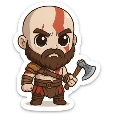 chibi-style Kratos with a tiny axe and big eyes sticker