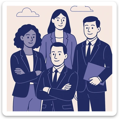 a group of diverse professionals in business attire, standing together confidently, modern illustration style sticker