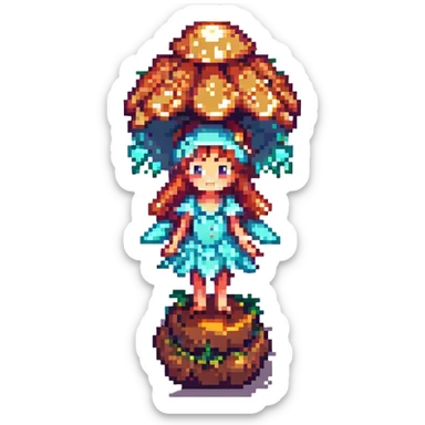 Add a tiny fairy nearby the glowing mushroom in pixel art style, with no background. sticker