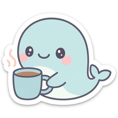 whale character enjoying coffee from a blue mug, cute and whimsical sticker