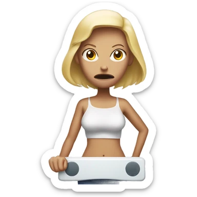 angry woman holding a bathroom scale sticker