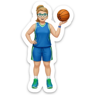 Full Body plus size white female basketball player with medium brown blond hair with short spike hair wearing blue glasses 
With a small wide nose wearing blue green uniform  green sneakers smiling wearing silver hoop earrings sticker
