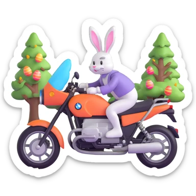 Easter bunny riding a BMW boxer motorcycle with trees and grass in the background and colorful Easter eggs hidden in the grass sticker