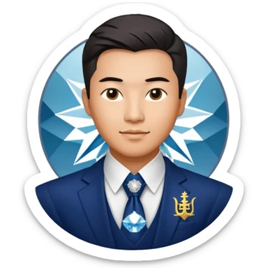 A proud Asian man with sharp rationality and a keen eye for ambitious career moves. Dressed in dazzling diamonds and luxury, he radiates confidence, success, and sophistication. The Hong Kong University emblem signifies his relentless pursuit of excellence. sticker